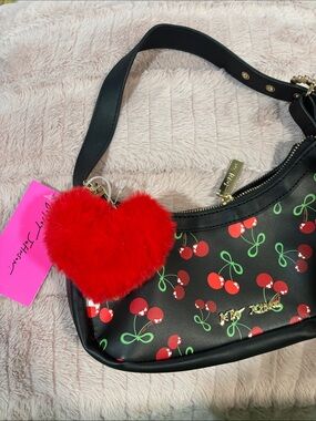 Betsey Johnson Black Cherry Print Shoulder Bag with Red Heart Pom
